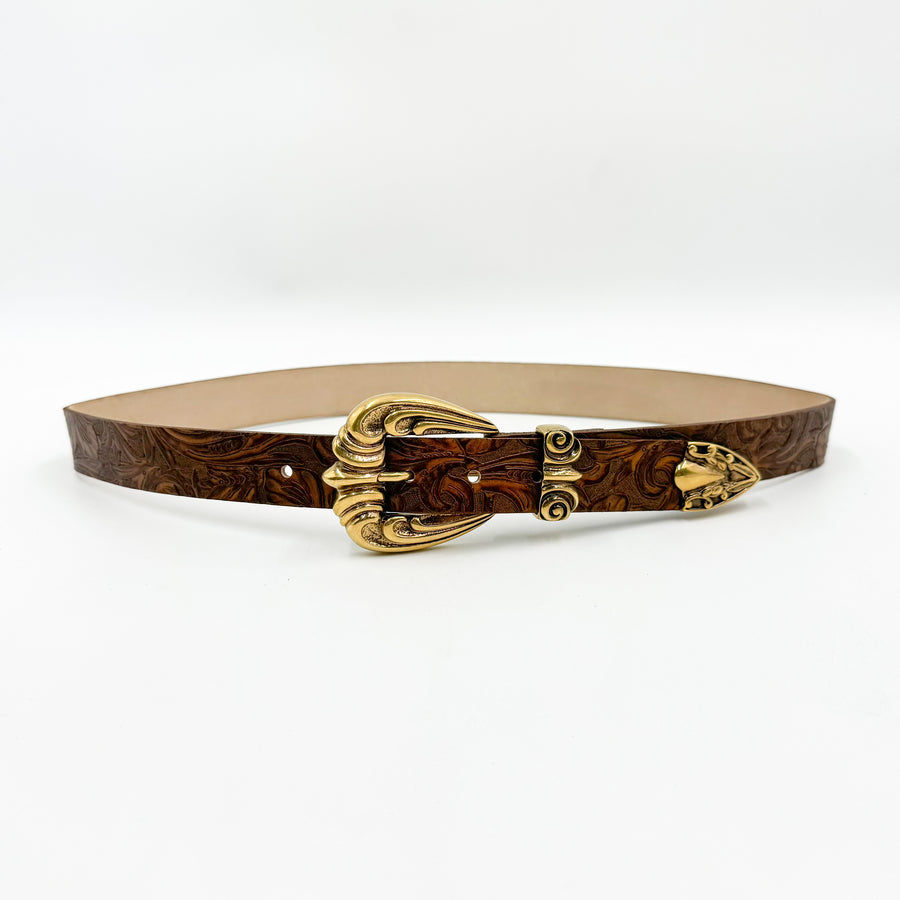 Cameron Belt - Western Style Cognac Tooled Italian Leather Belt - Streets Ahead