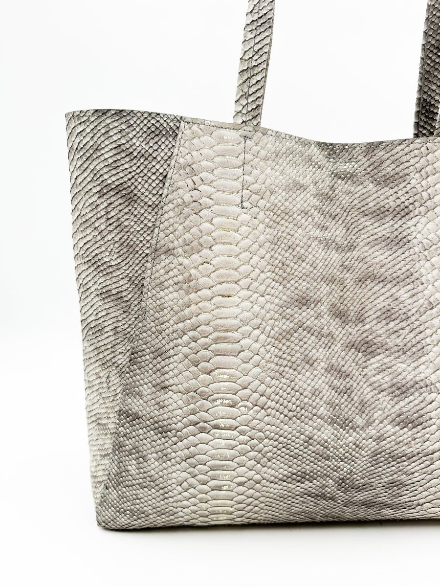 Yara Tote - Genuine Italian Calfskin Grey Python Print Leather Handbag - Streets Ahead