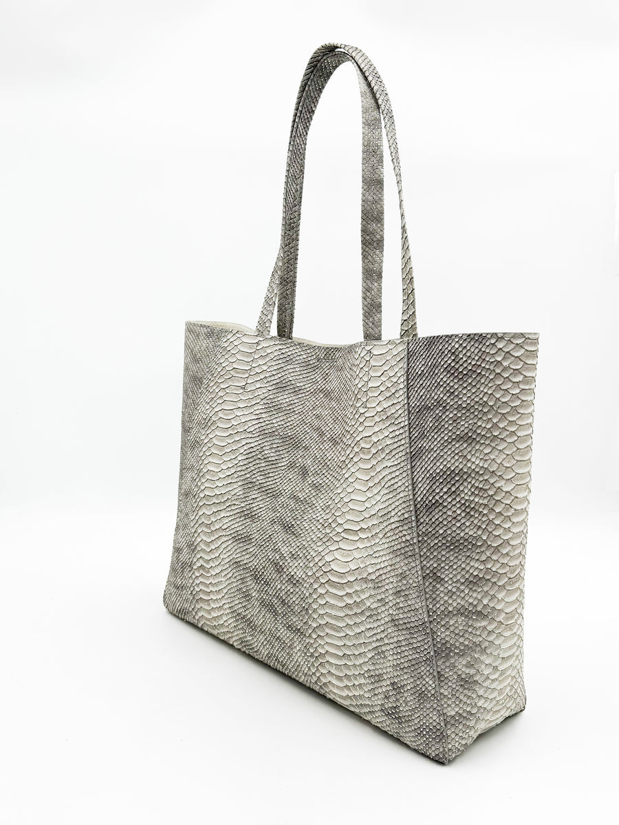 Yara Tote - Genuine Italian Calfskin Grey Python Print Leather Handbag - Streets Ahead