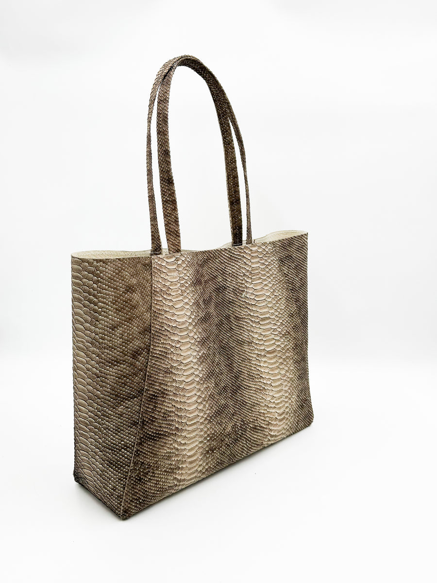 Yara Tote - Taupe Python Print Leather Handbag - Streets Ahead