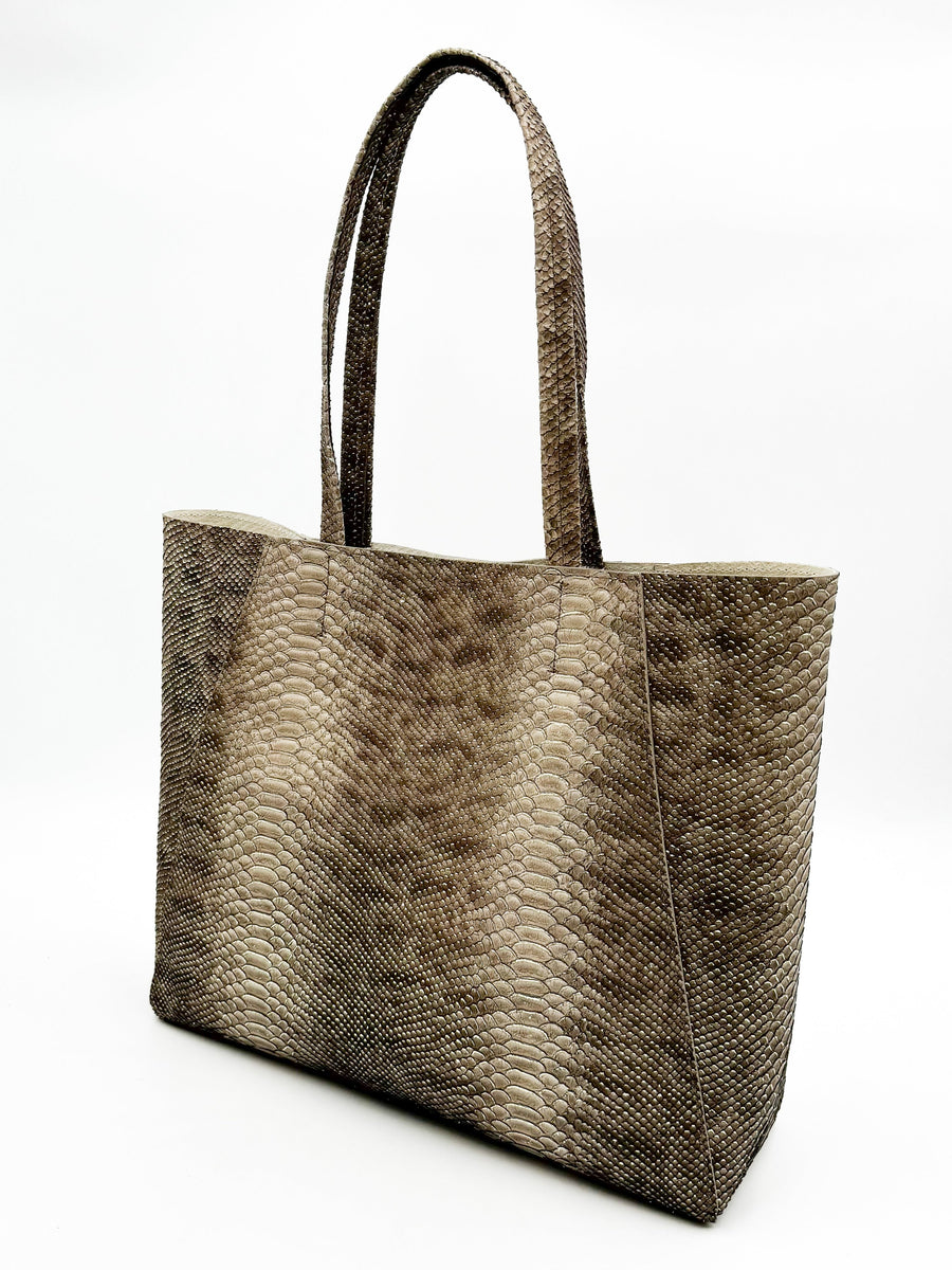 Yara Tote - Taupe Python Print Leather Handbag - Streets Ahead