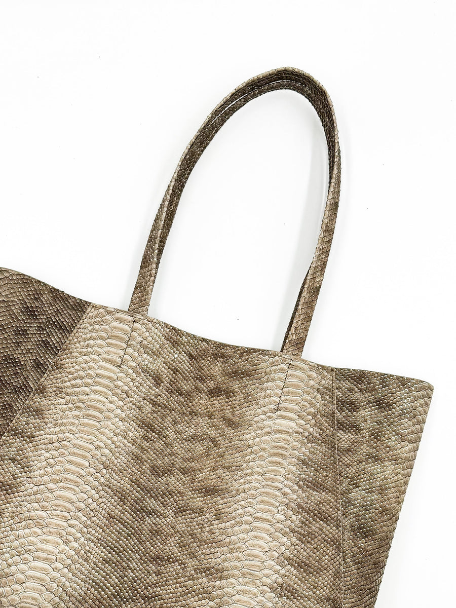 Yara Tote - Taupe Python Print Leather Handbag - Streets Ahead