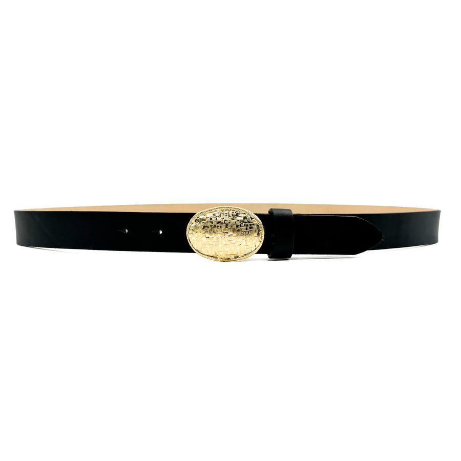 Briar Belt - Chic Minimalist Black Leather Belt Oval Gold Buckle - Streets Ahead