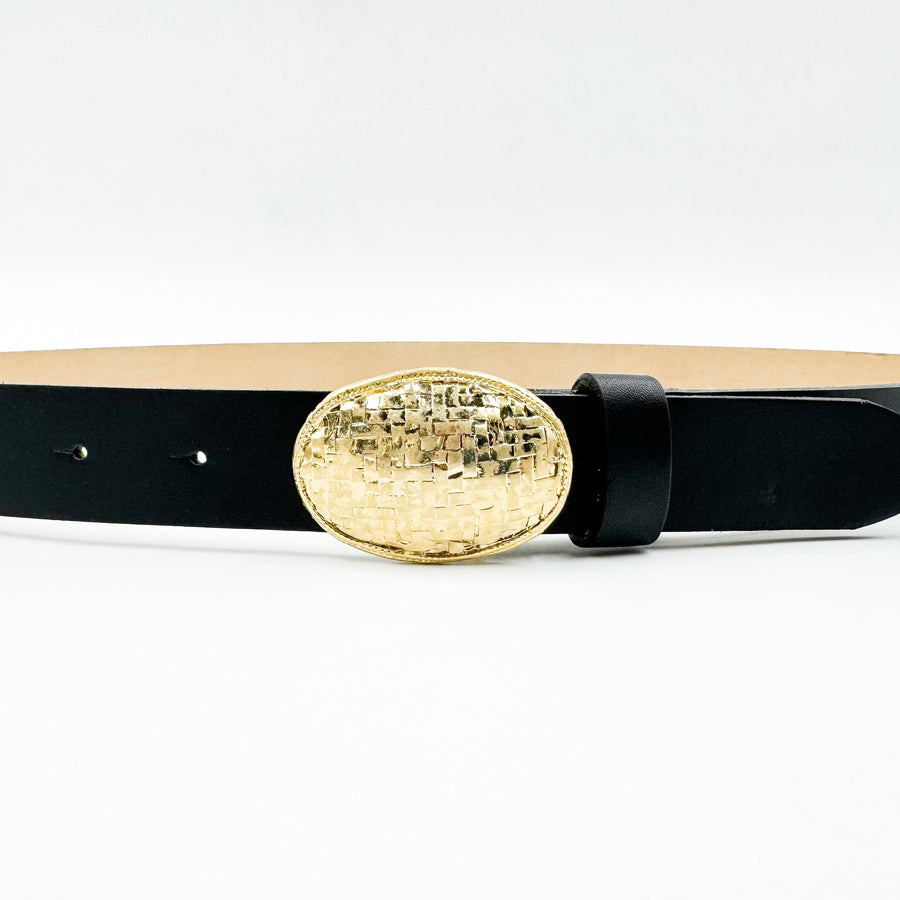 Briar Belt - Chic Minimalist Black Leather Belt Oval Gold Buckle - Streets Ahead