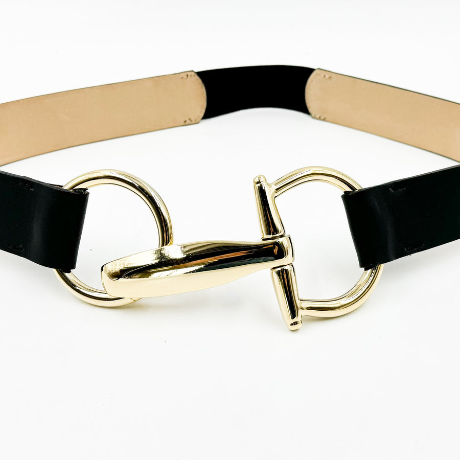 Clement Belt - Large Gold Statement Hook Closure Black Leather Belt - Streets Ahead