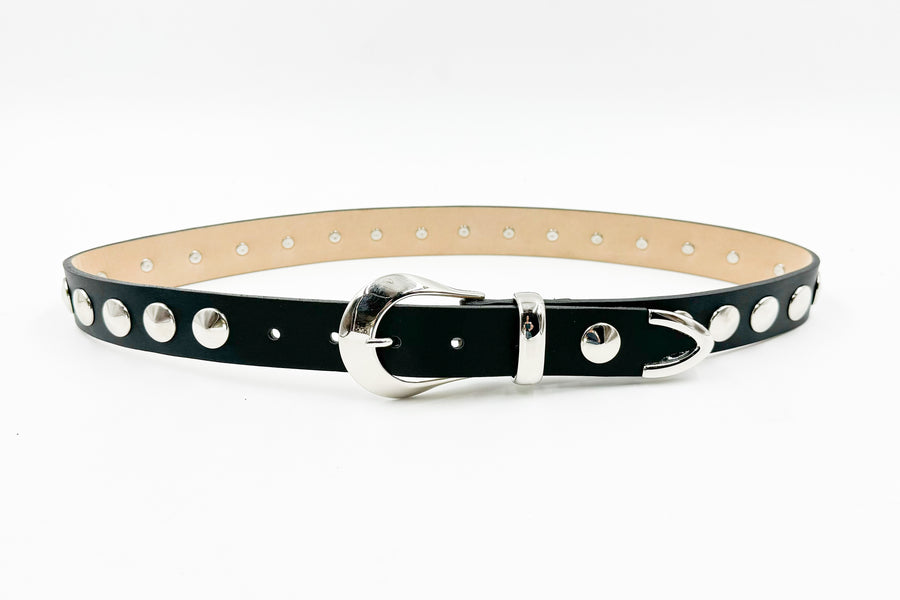 Emma Belt - Western Style Smooth Black Italian Leather Belt With Silver Studs - Streets Ahead