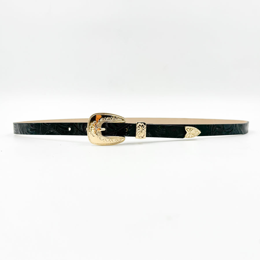 Jade Belt - Western Style Tooled Leather Belt Gold Buckle Set - Streets Ahead