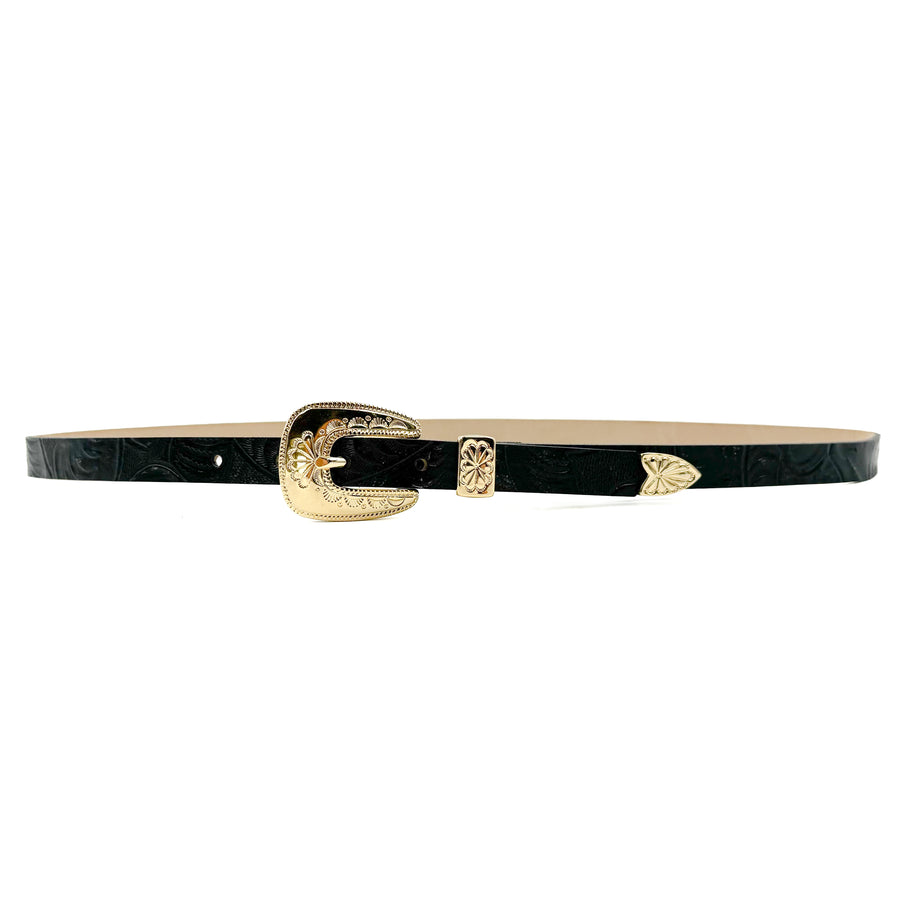 Jade Belt - Western Style Tooled Leather Belt Gold Buckle Set - Streets Ahead