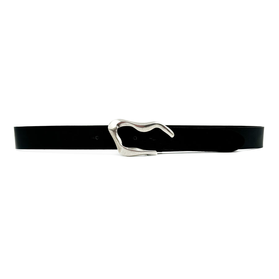 Reilly Belt - Silver Organic Shaped Buckle Black Italian Leather Belt - Streets Ahead