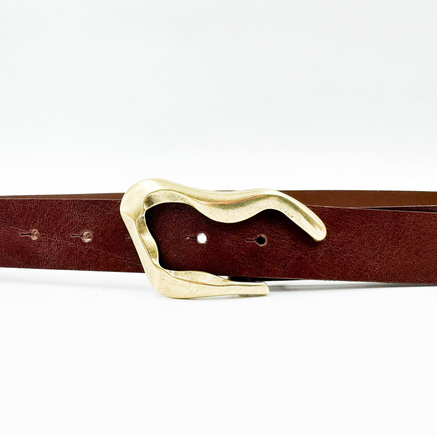 Reilly Belt - Chocolate Italian Leather Brass Organic Shaped Buckle - Streets Ahead