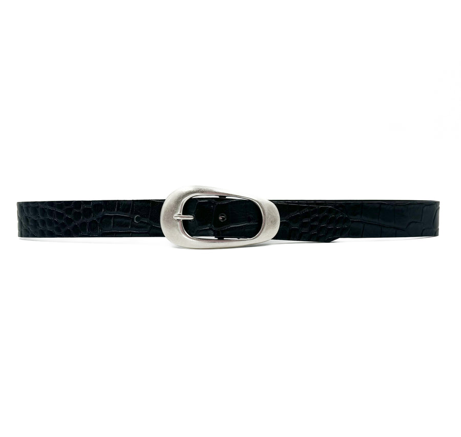 Gwen Belt - Black Embossed Leather Jean Belt Oval Silver Buckle - Streets Ahead