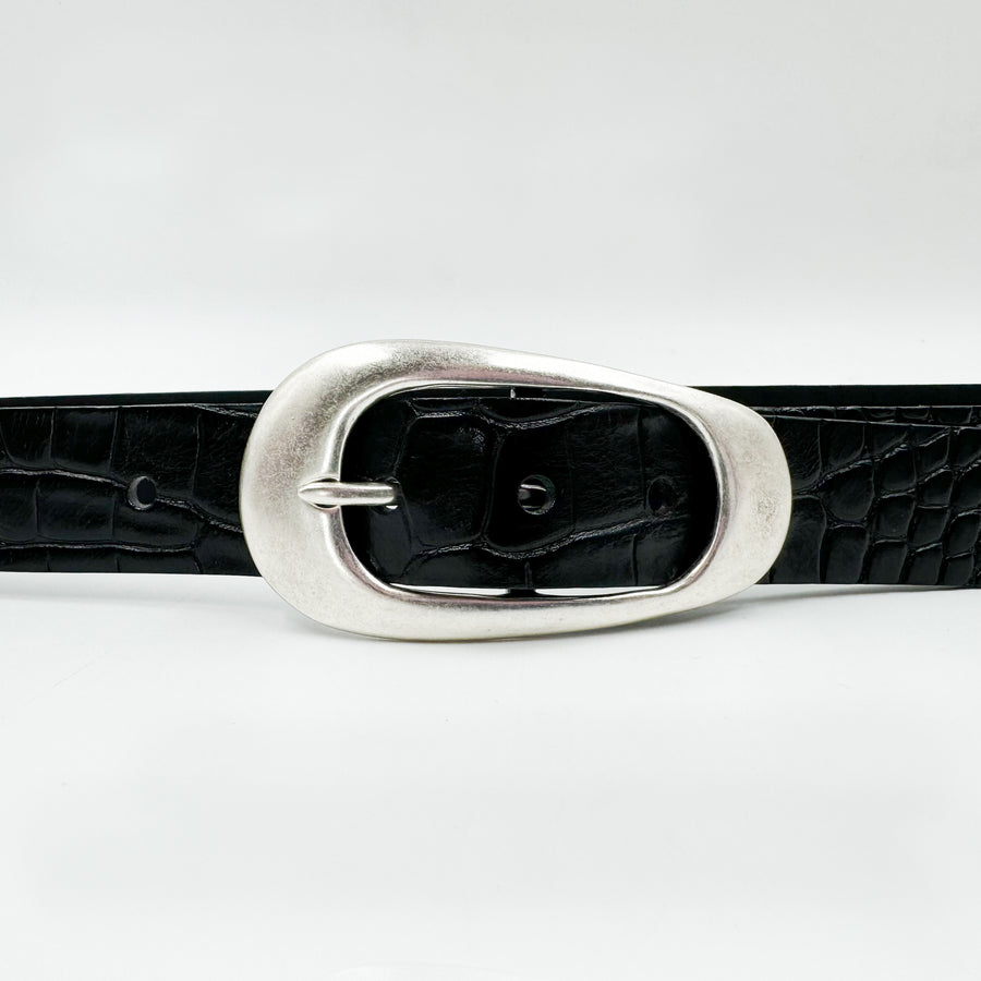 Gwen Belt - Black Embossed Leather Jean Belt Oval Silver Buckle - Streets Ahead