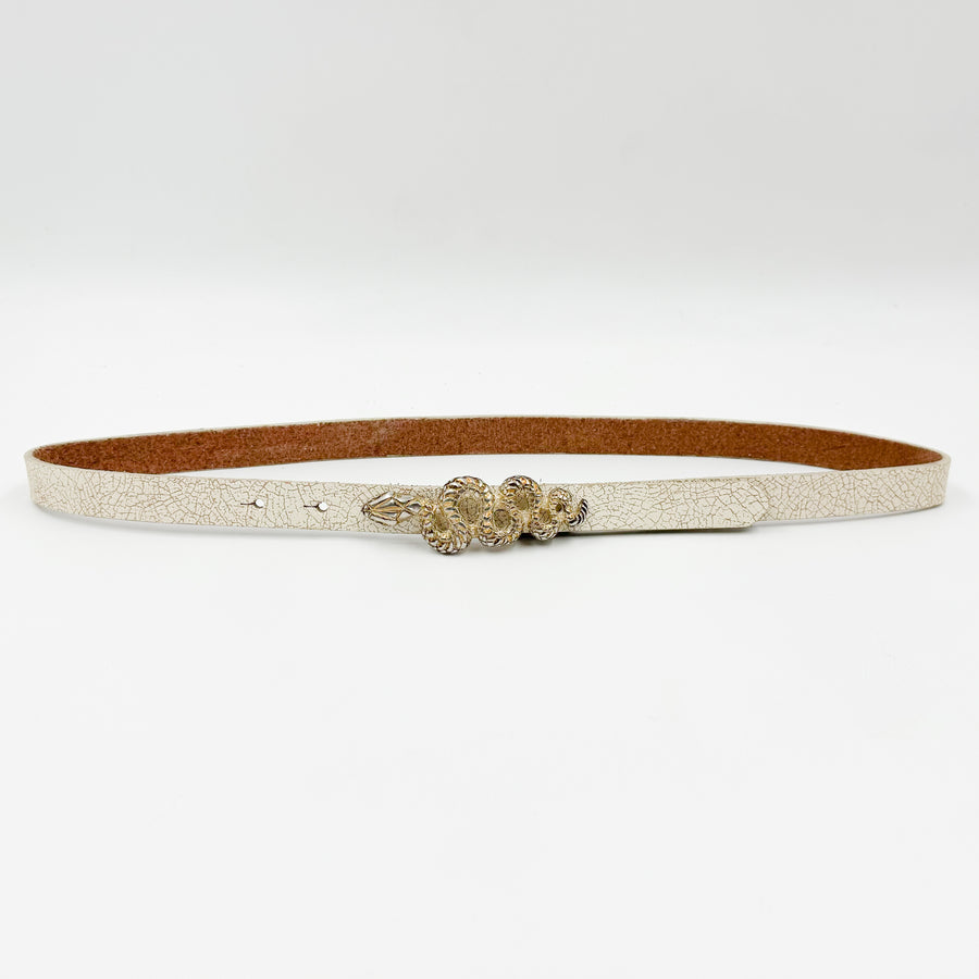 Ophira Belt - Snake Buckle Narrow Belt Ivory Crackle Italian Leather - Streets Ahead