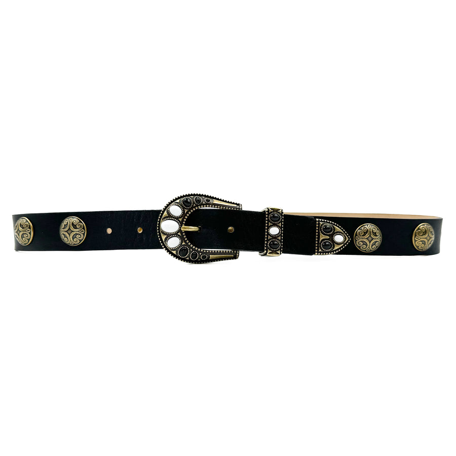 Athena Belt - Wester Style Black Leather Belt Brass Buckle Set - Streets Ahead