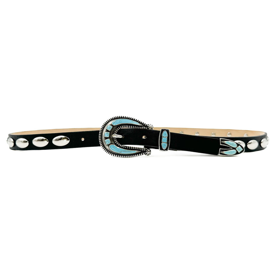 Xena Belt - Western Style Black Italian Leather Belt Silver Buckle Set - Streets Ahead