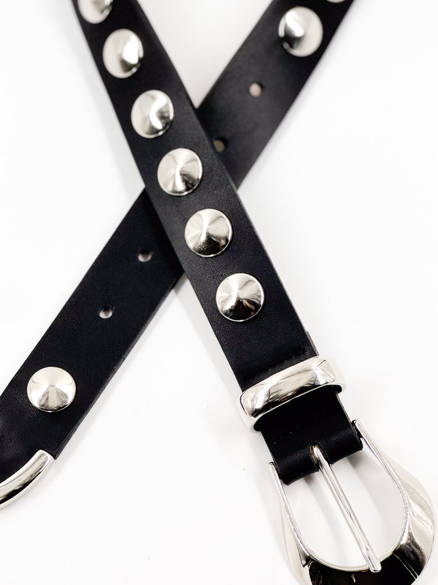 Emma Belt - Western Style Smooth Black Italian Leather Belt With Silver Studs - Streets Ahead