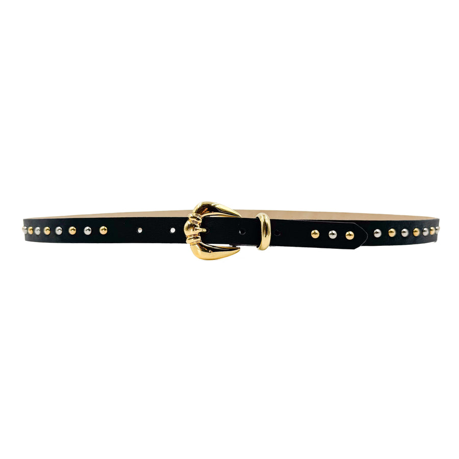 Kennedy Belt - Black Narrow Leather Belt Gold Buckle Mixed Studs - Streets Ahead