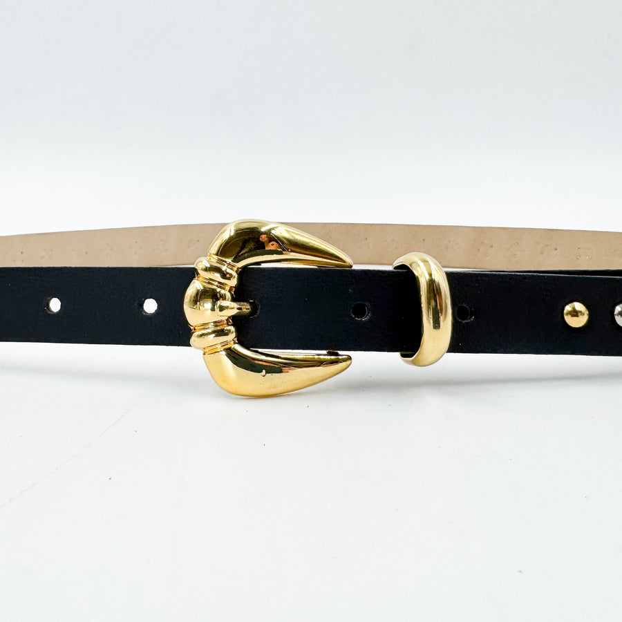 Kennedy Belt - Black Narrow Leather Belt Gold Buckle Mixed Studs - Streets Ahead