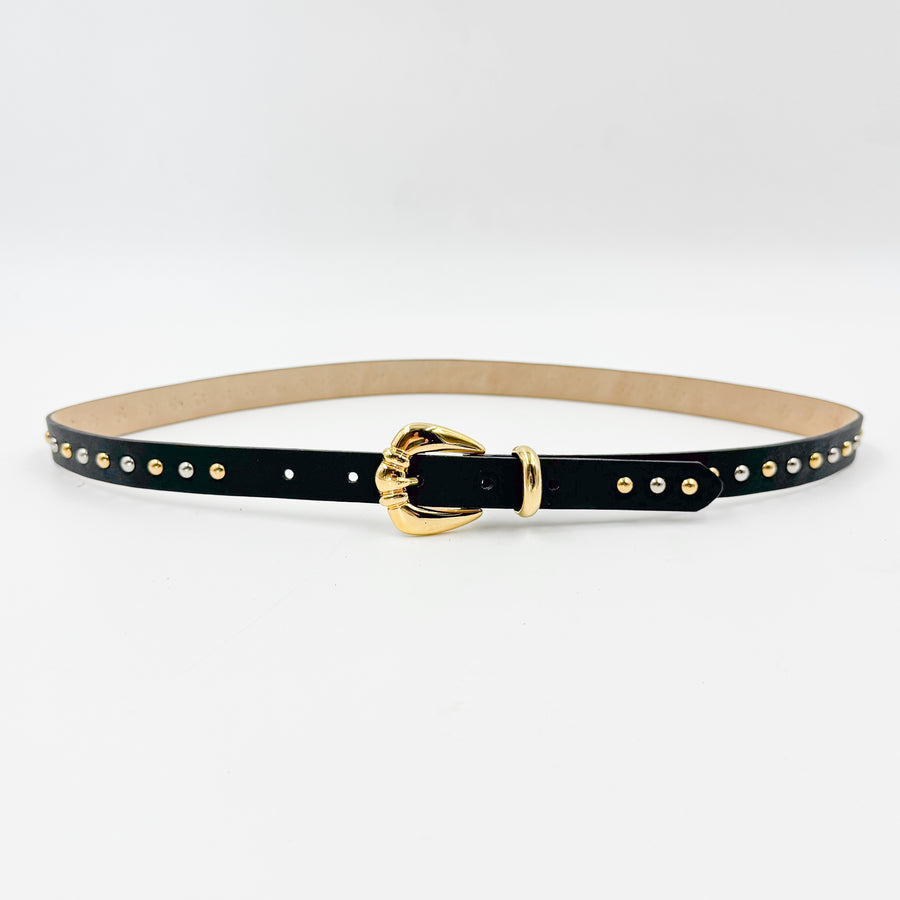 Kennedy Belt - Black Narrow Leather Belt Gold Buckle Mixed Studs - Streets Ahead