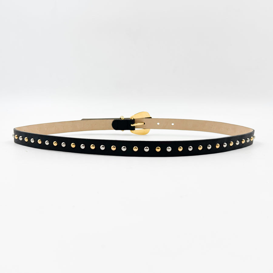 Kennedy Belt - Black Narrow Leather Belt Gold Buckle Mixed Studs - Streets Ahead