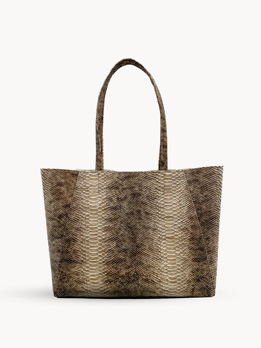 Yara Tote - Taupe Python Print Leather Handbag - Streets Ahead