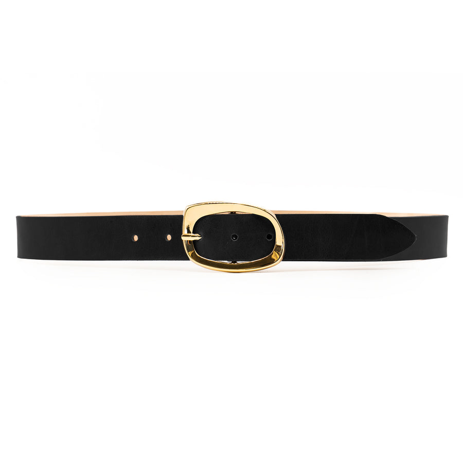 Isabella Belt - Elegant Gold Oval Buckle On Smooth Black Italian Leather - Streets Ahead