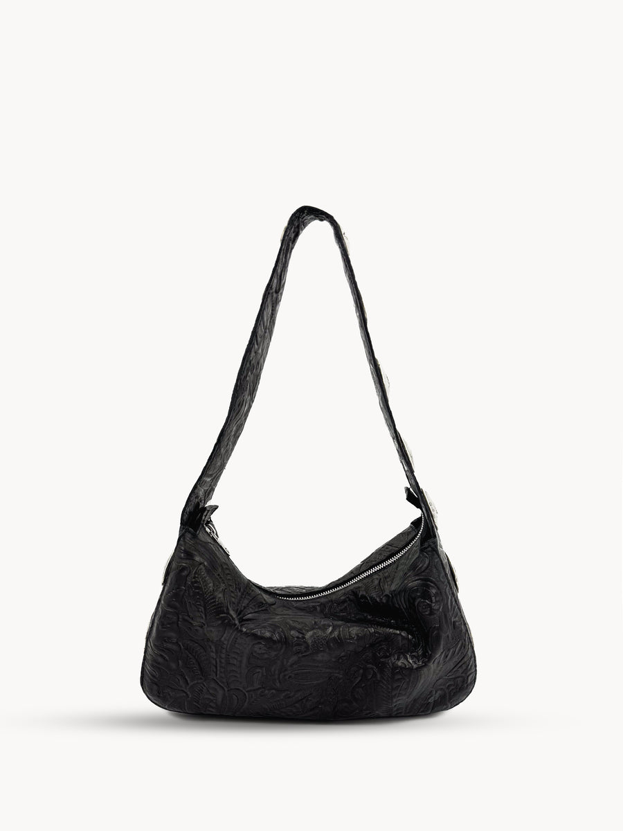 Noir Handbag - Tooled Italian Leather Shoulder Bag - Streets Ahead