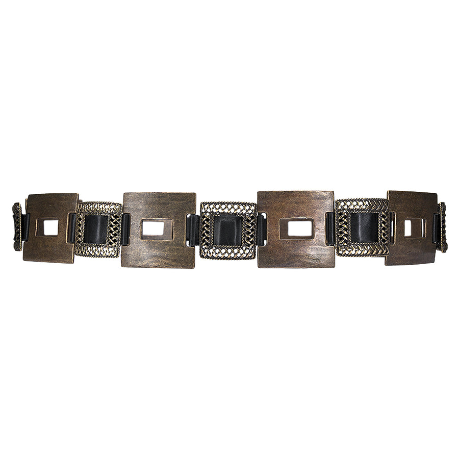 Gladiator Belt - Brass Square Hardware Black Leather Belt - Streets Ahead