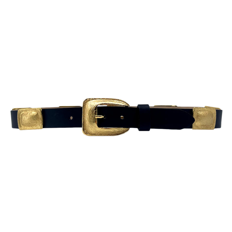 Aria Belt - Black Italian Leather Belt With Vintage Gold Hardware