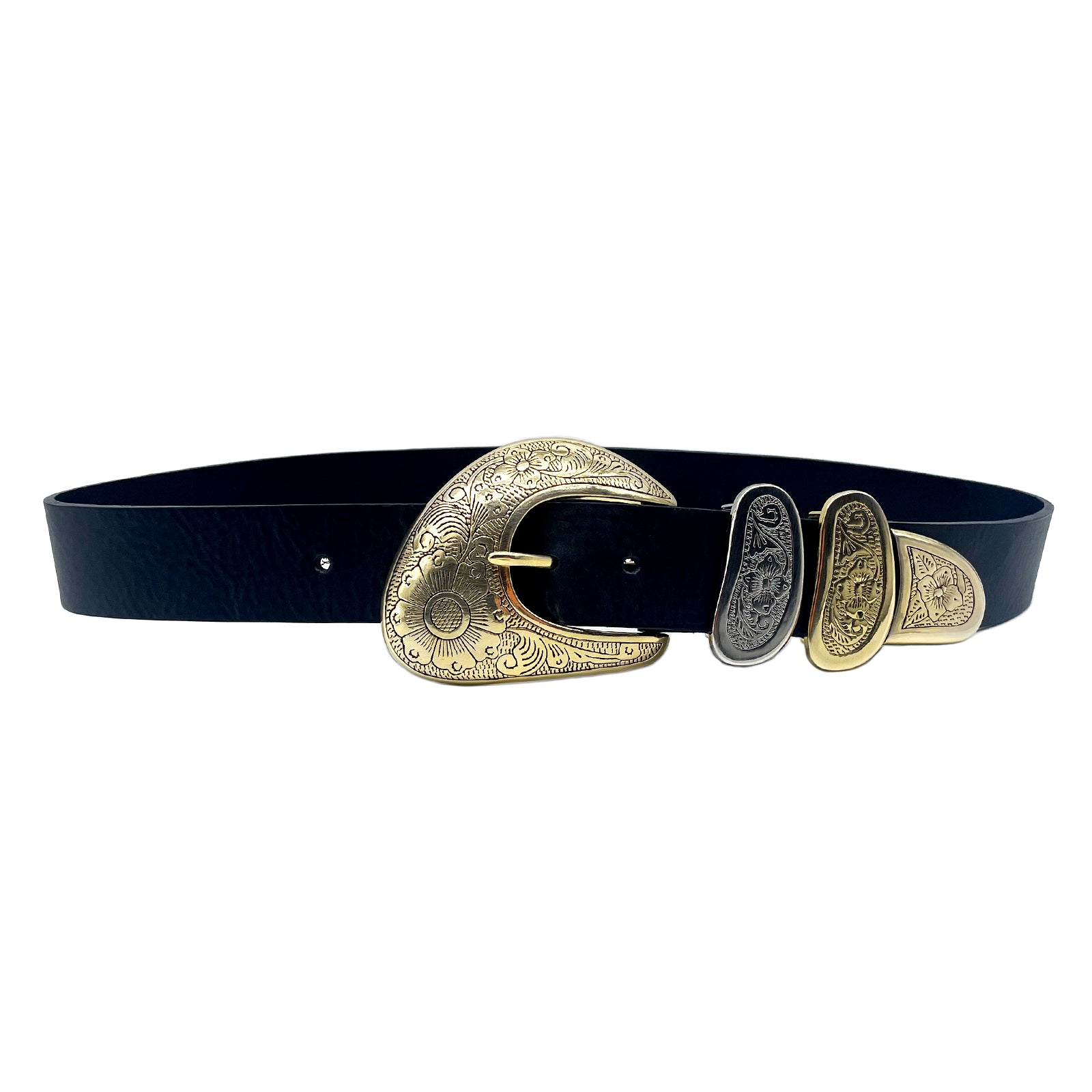 Ariel - Black Leather Belt Engraved Gold Silver Vintage Buckle Set ...