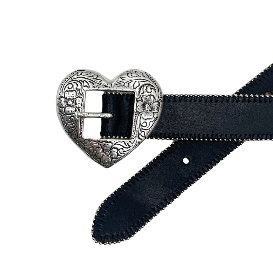 Heart Belt - Black Italian Leather Silver Heart Belt